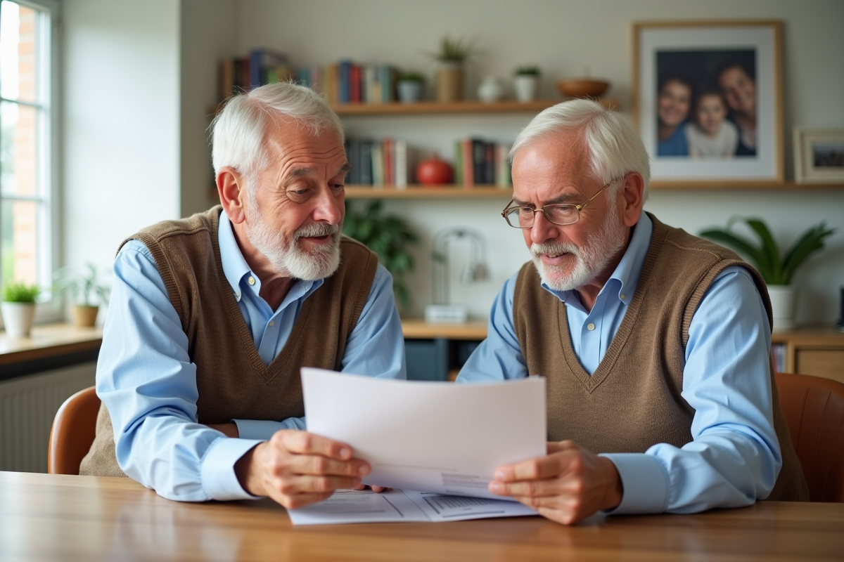 Deux hommes âgés discutant de brochures de retraite à la maison