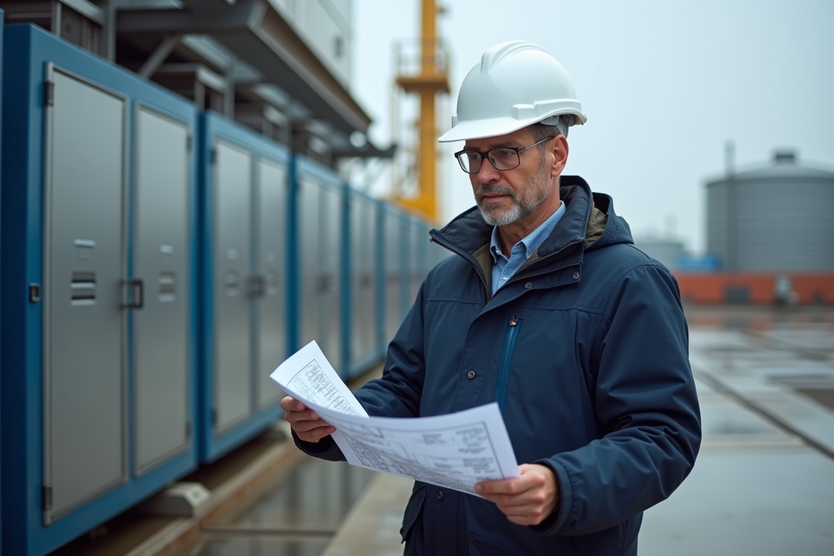Ingénieur en énergie hydrogène examine un module sur site industriel