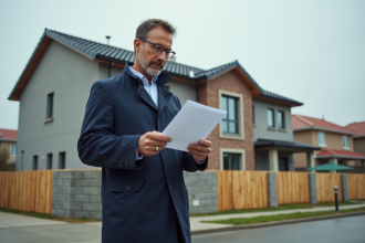 Inspecteur urbain examinant documents devant maison en construction