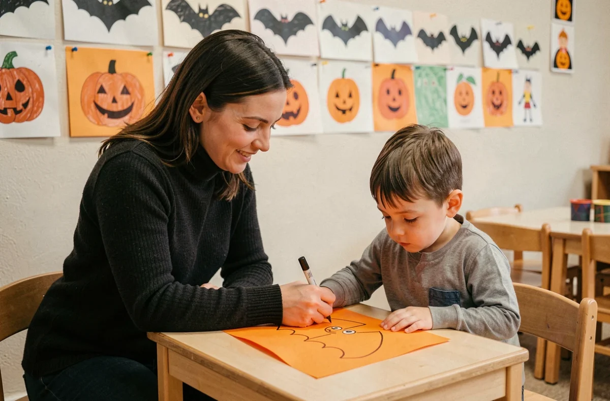 Une institutrice de maternelle aide un enfant à dessiner une chauve-souris simple pour Halloween dans une salle de classe décorée