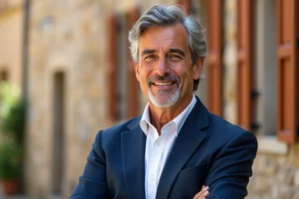 Portrait d'un animateur télévision français aux traits méditerranéens devant un village en pierre du sud de la France