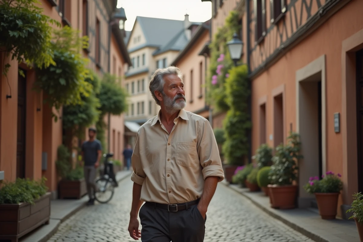 Homme aux origines régionales françaises se promenant dans une rue pavée d'un village traditionnel du sud de la France