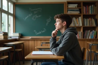 Jeune adolescent pensif assis à son bureau scolaire