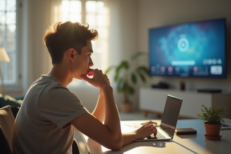 Jeune adulte inquiet vérifiant son smartphone dans un salon lumineux