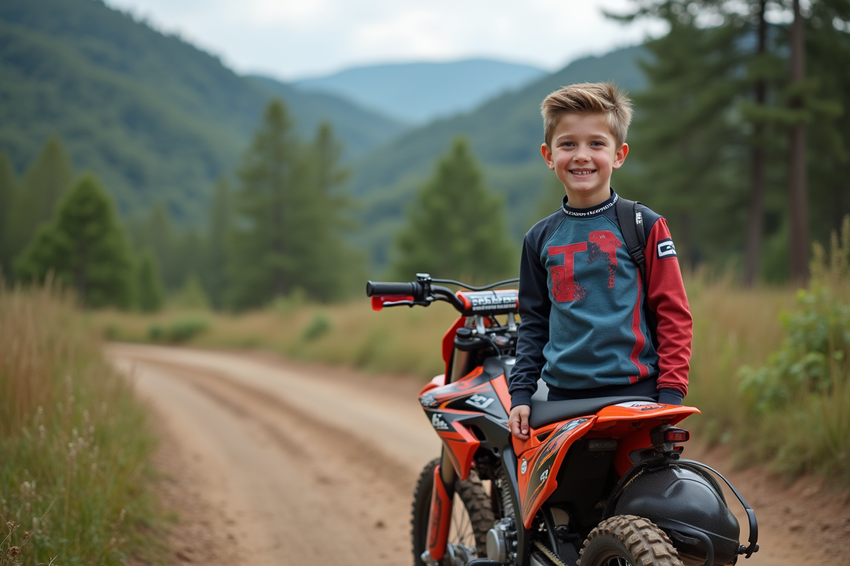 Jeune garçon en motocross souriant avec casque à la main