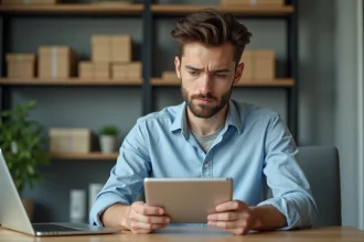 Jeune homme ecommerce avec tablette dans un bureau moderne