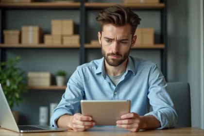 Jeune homme ecommerce avec tablette dans un bureau moderne