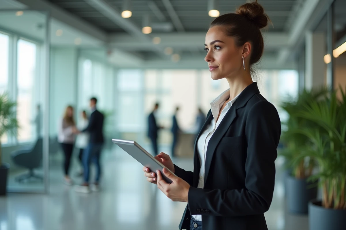Jeune femme en bureau moderne tenant une tablette