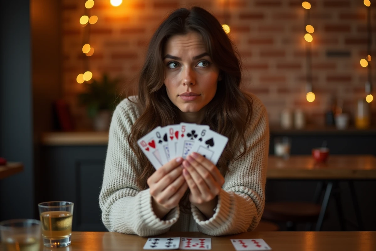 Jeune femme tenant des cartes à jouer lors d'une partie de jeu Palmier, apprenant les règles pour débutants