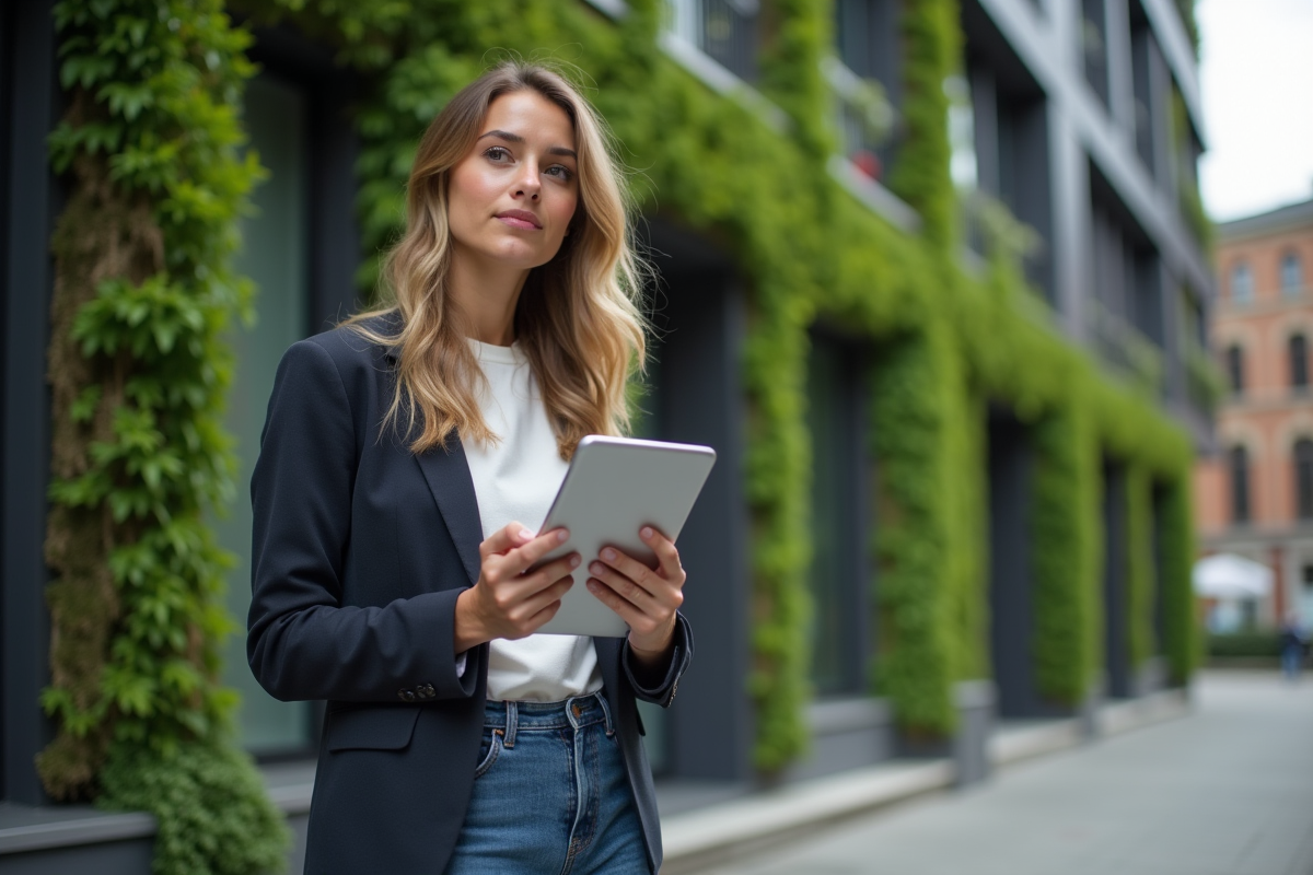 Jeune femme avec tablette devant batiment eco-responsable