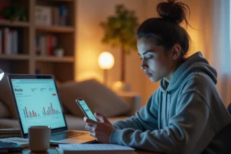 Jeune femme frustrée regardant son téléphone avec des statistiques TikTok stagnantes sur un ordinateur portable en arrière-plan
