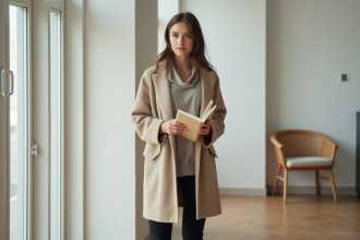 Jeune femme en manteau beige lisant un livre dans un intérieur calme