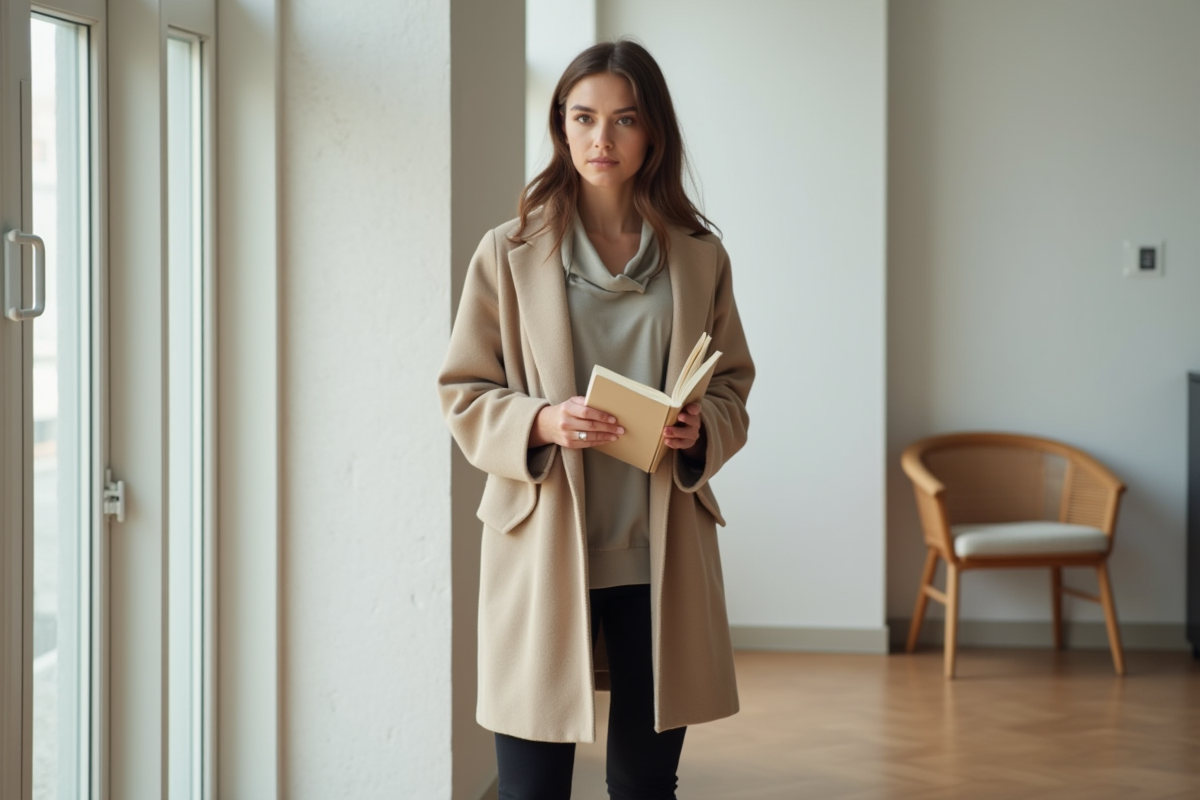 Jeune femme en manteau beige lisant un livre dans un intérieur calme