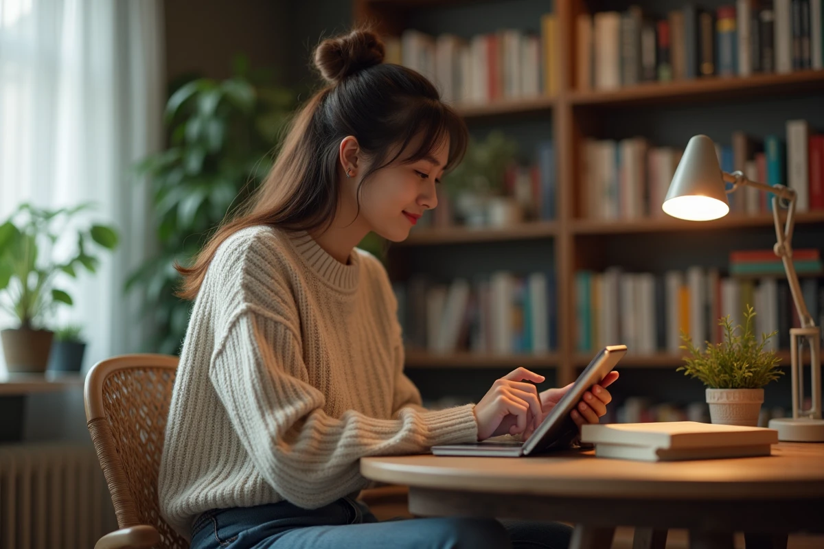 Jeune femme lisant manga sur tablette dans un salon cosy