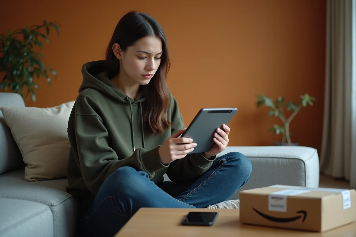 Jeune femme consultant les étapes de remboursement Amazon sur tablette avec son téléphone prêt à appeler le service client