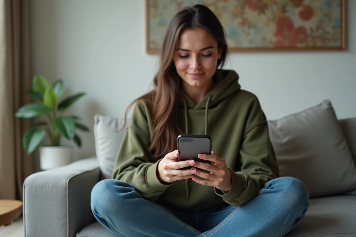 Jeune femme perplexe sur son smartphone cherchant une URL redirigée depuis son canapé à la maison