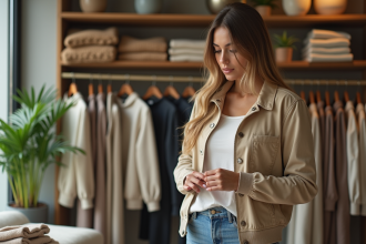 Jeune femme inspectant un vêtement écologique dans une boutique