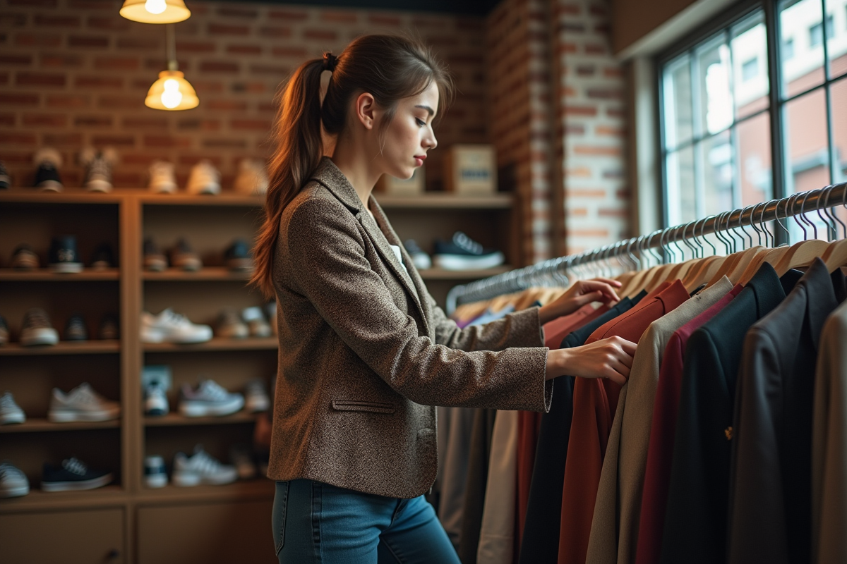 Jeune femme en blazer vintage et jeans dans une boutique de seconde main