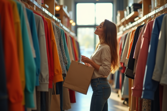 Jeune femme souriante dans une friperie lumineuse avec sacs écologiques