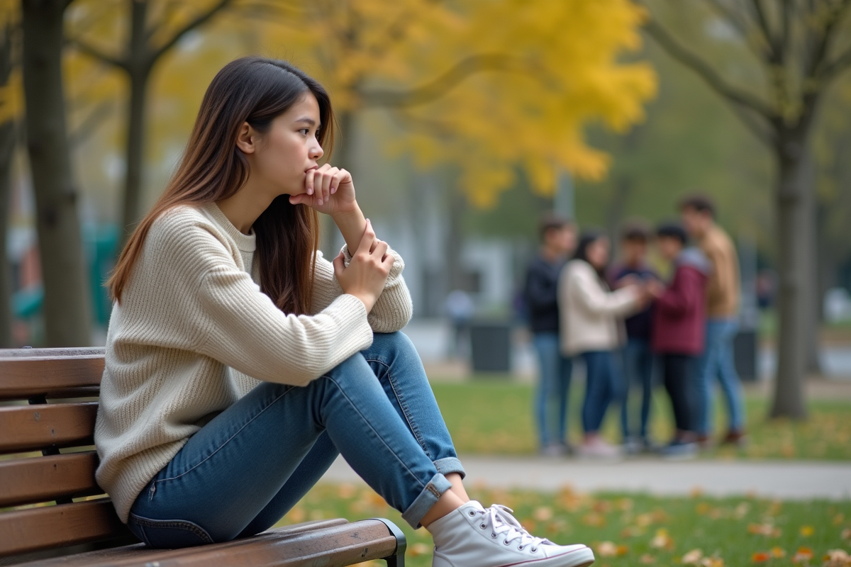 Jeune fille contemplative assise dans un parc urbain