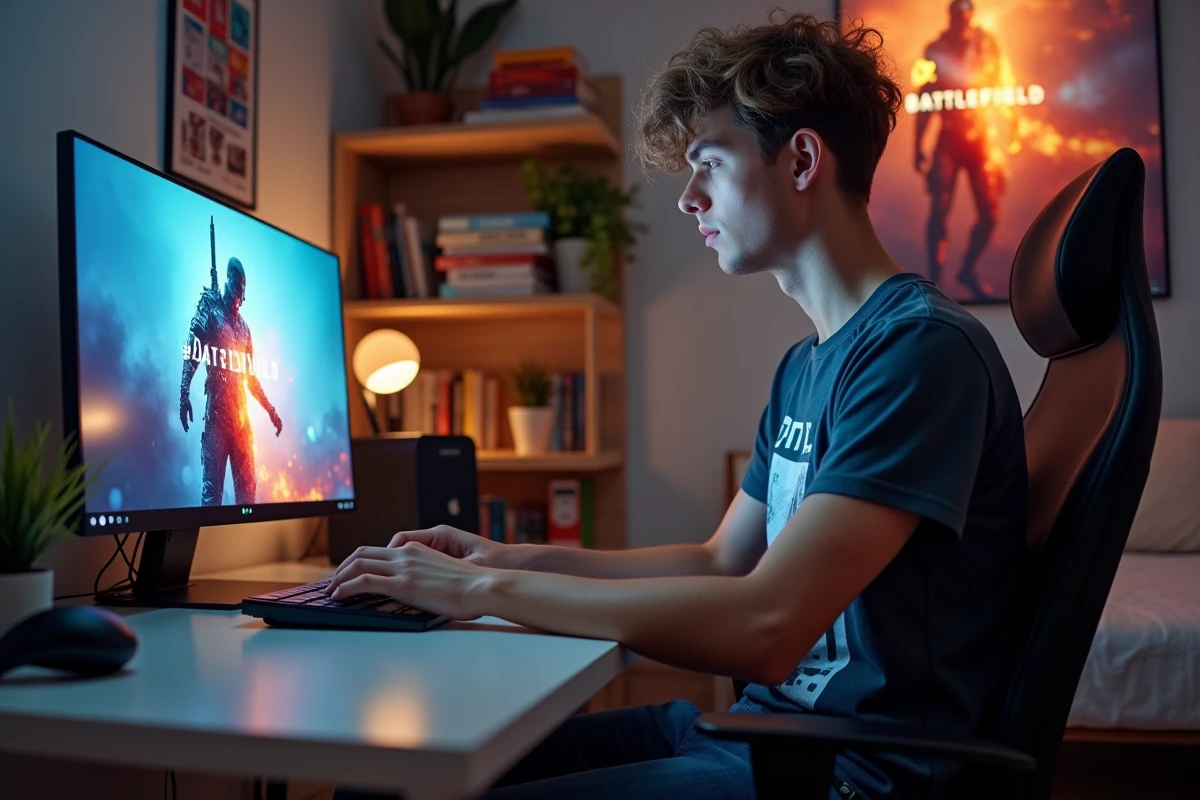 Jeune homme concentré sur son ordinateur dans une chambre gamer