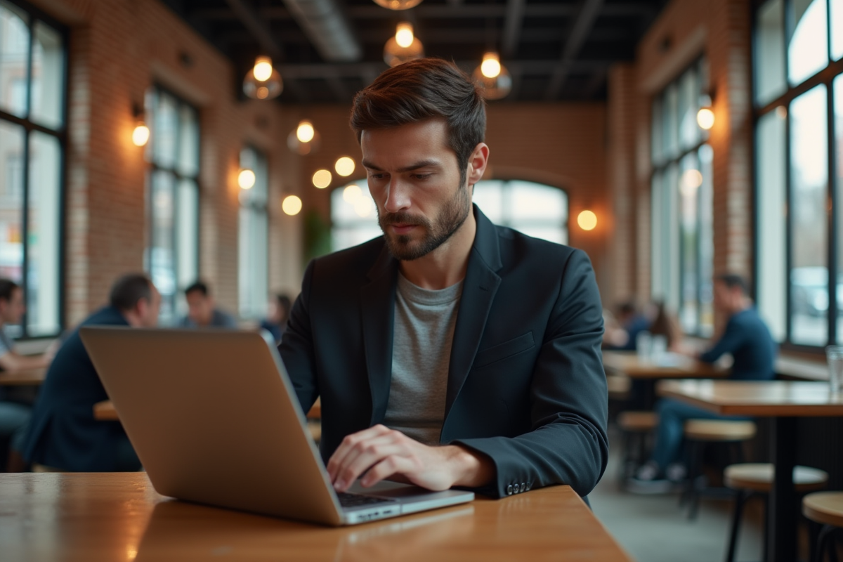 Jeune homme travaillant sur son ordinateur dans un café urbain