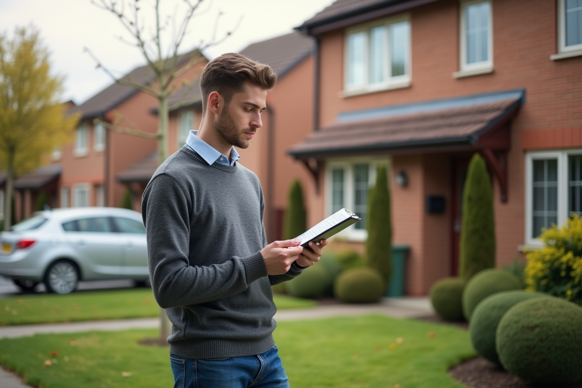 Jeune homme vérifiant des chiffres devant une maison de banlieue