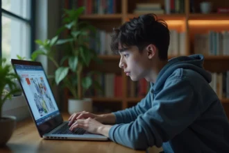 Jeune homme concentré sur son ordinateur avec manga à la maison