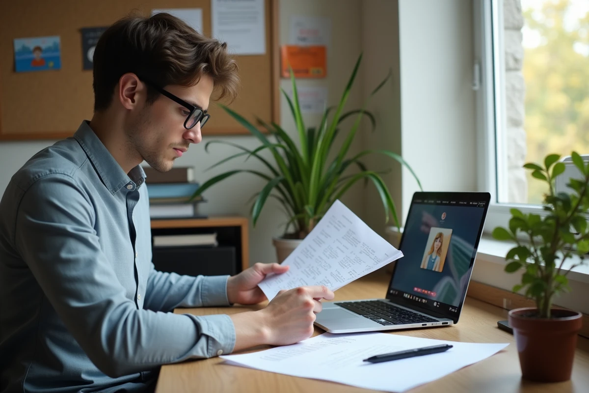 Jeune homme lisant des guides dans un bureau organisé