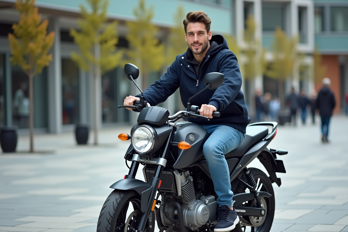 Jeune homme en windbreaker sur une moto urbaine moderne