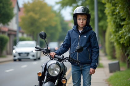 Jeune homme ajustant son casque à côté d'une moto 50cc