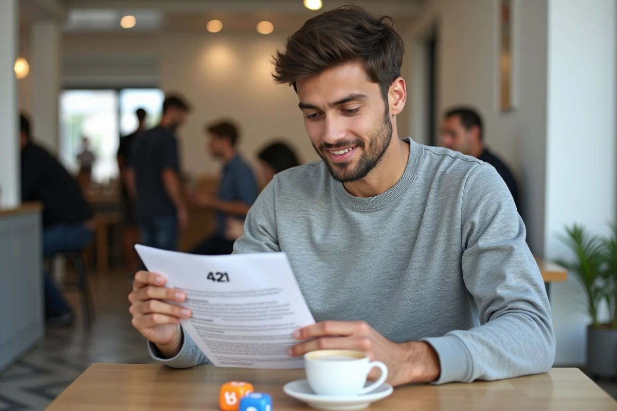 Jeune homme lisant les règles modernisées du jeu 421 dans un café contemporain avec dés colorés et café espresso