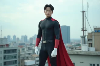 Jeune homme japonais en costume de héros urbain sur un toit