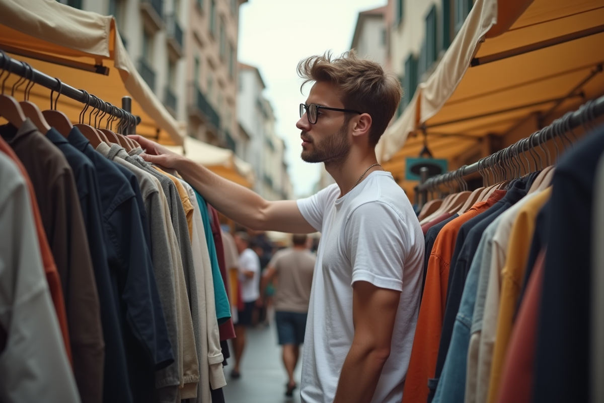 Jeune homme examine des vêtements dans un marché de rue