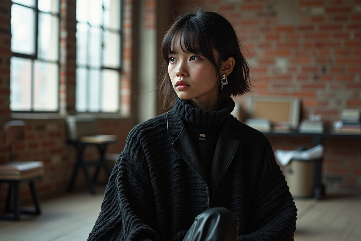 Jeune icone de mode en tenue monochrome dans un loft moderne
