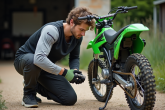 Jeune homme ajustant la chaîne d'une moto Kawasaki cross