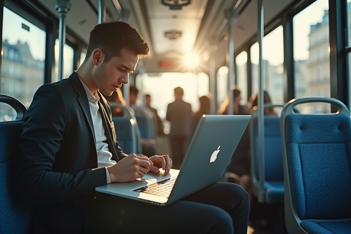 Jeune professionnel utilisant un ordinateur et smartphone dans un bus parisien