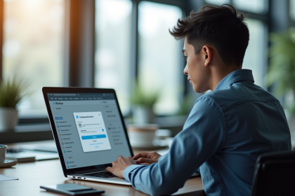 Jeune professionnel travaillant sur un ordinateur dans un bureau lumineux