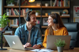 Jeune femme et homme discutant dans un bureau créatif