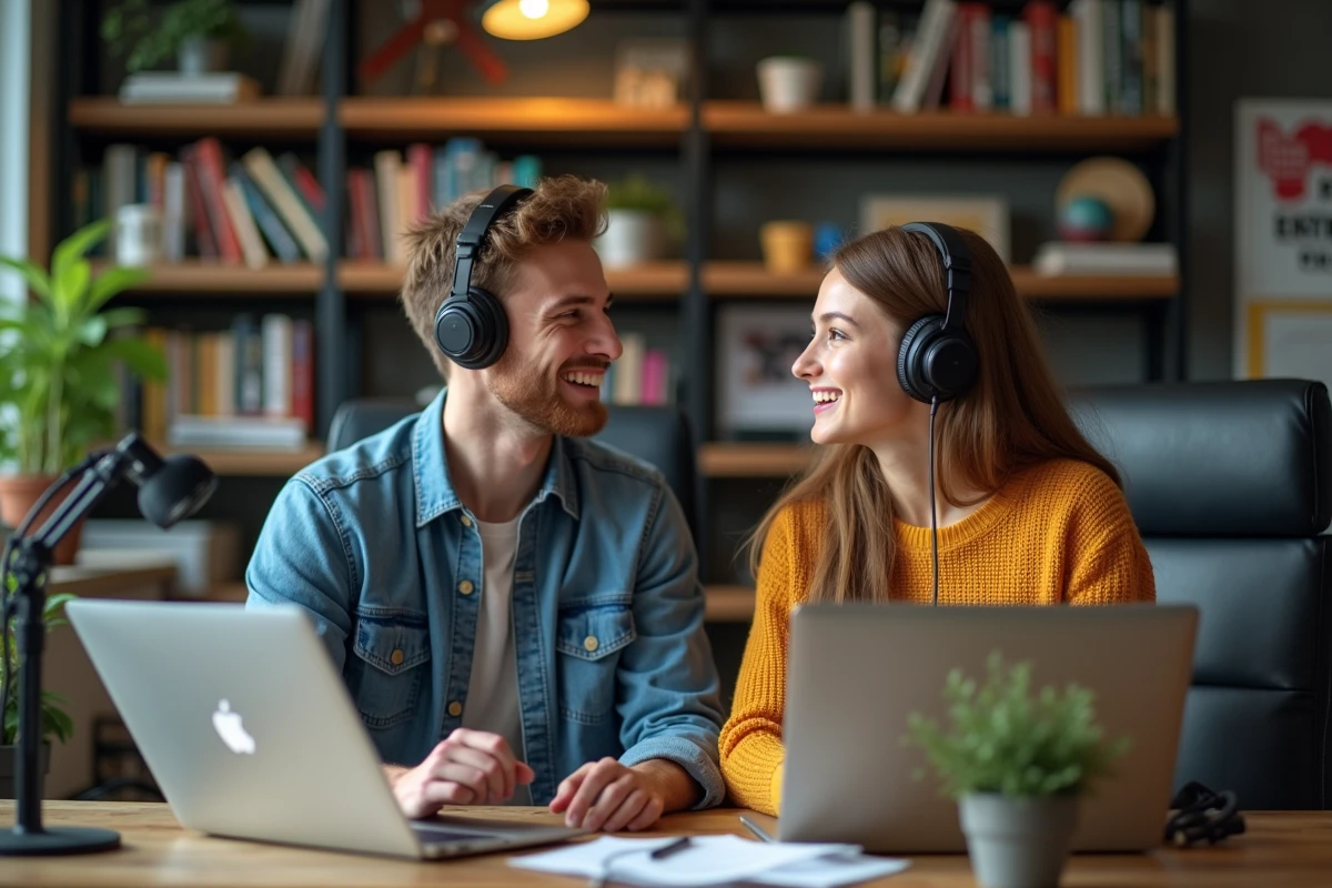 Jeune femme et homme discutant dans un bureau créatif
