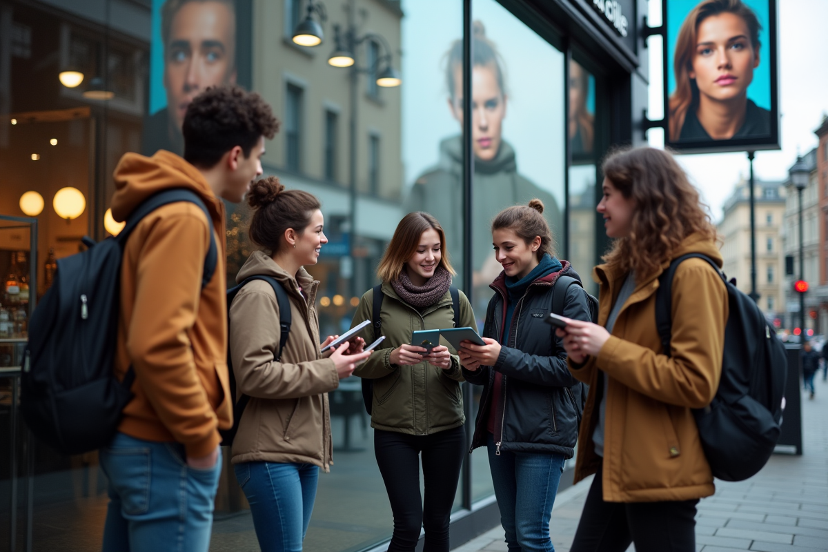 Groupe de jeunes discutant devant un café avec billboard digital