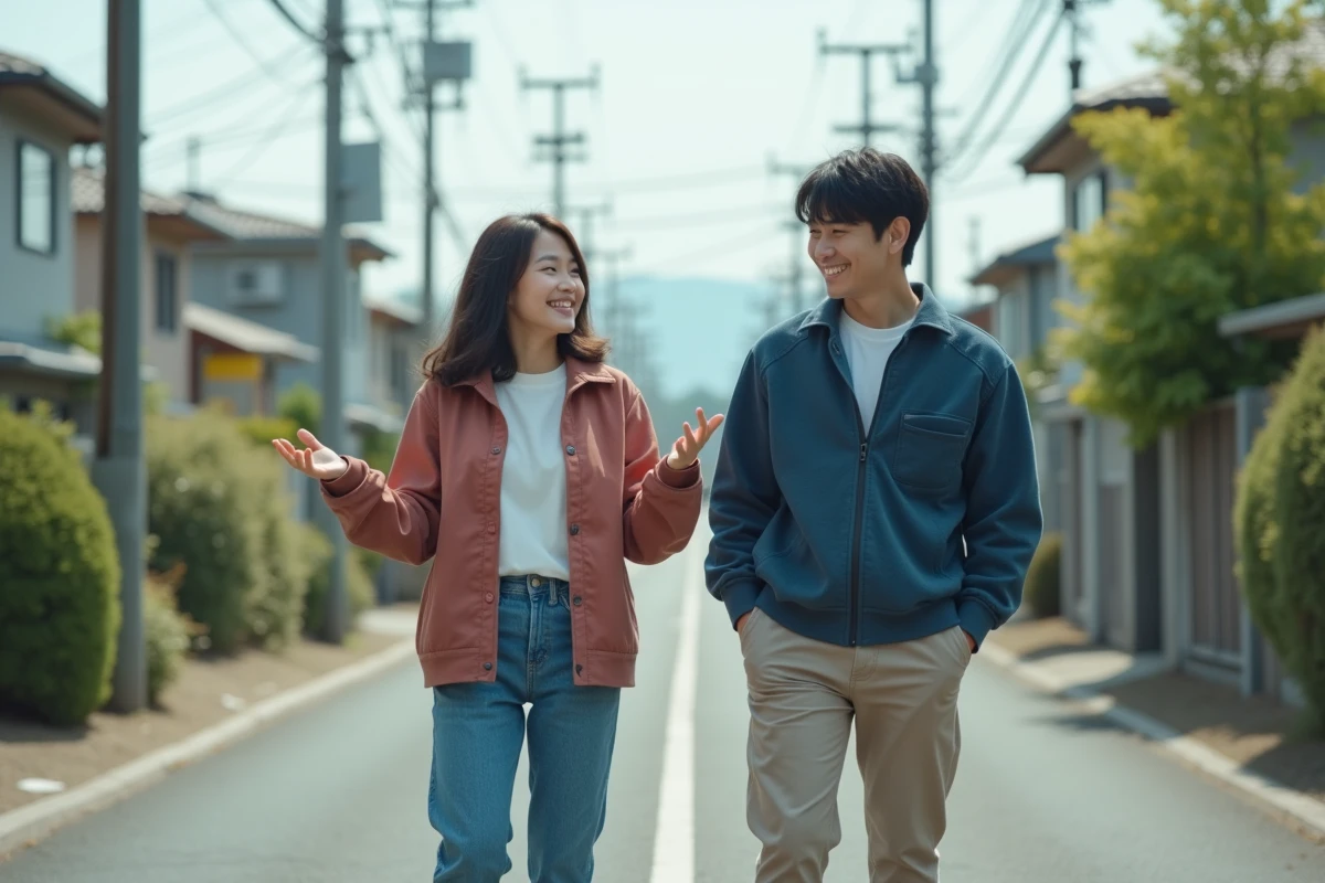 Un homme et une femme japonais discutant dans une rue résidentielle