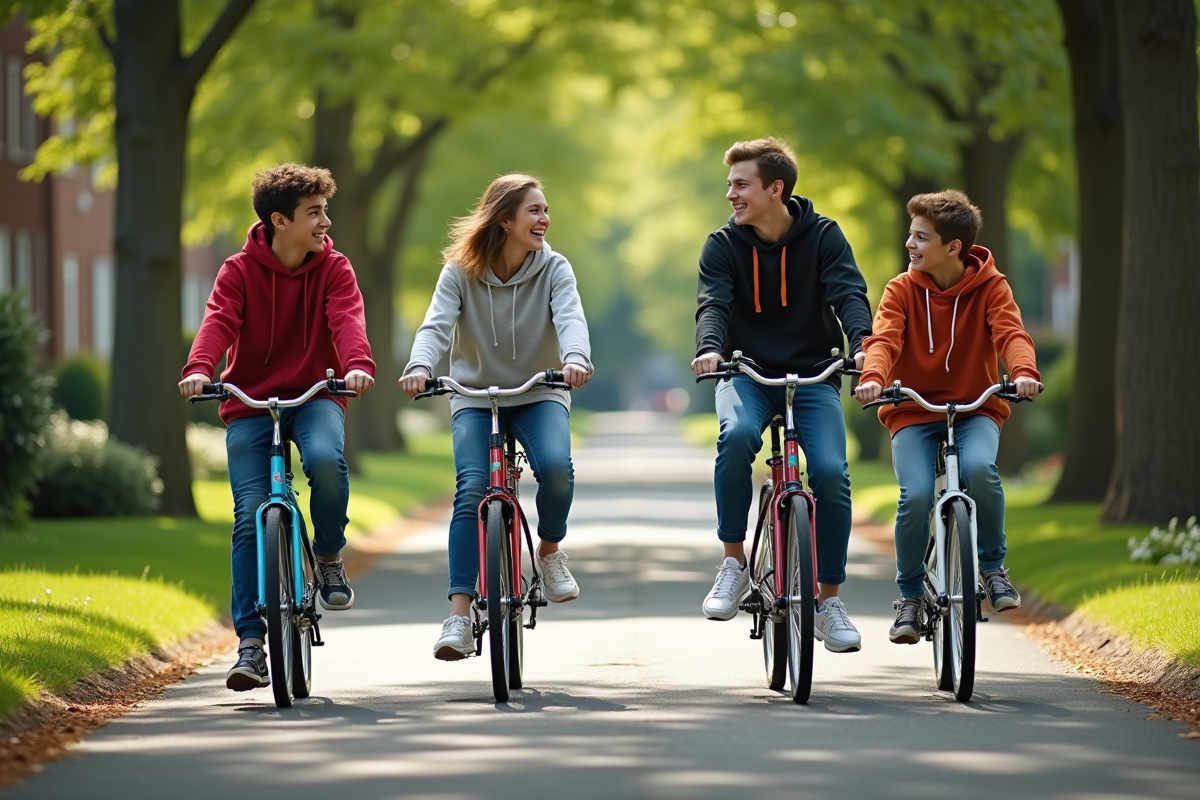 Jeunes en vélo sur chemin suburbain en famille