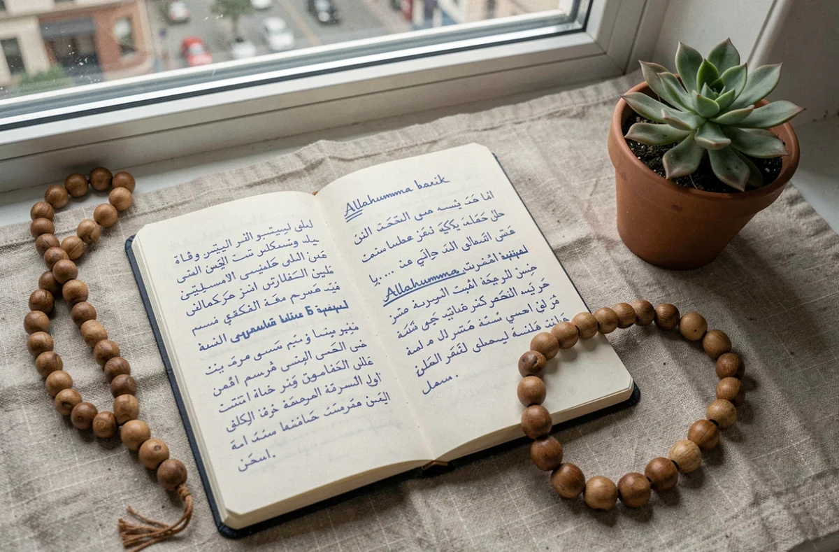 Journal ouvert avec la transcription phonétique Allahouma barik et Allahumma barik en arabe et français, posé sur une nappe en lin