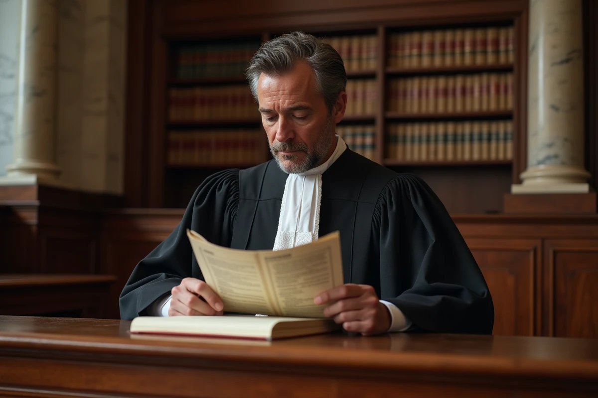 Juge en robe traditionnelle lisant un dossier dans la salle d