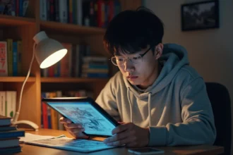 Jeune homme lisant un manga One Punch Man en version papier et numérique sur tablette, comparaison scan VF et version officielle