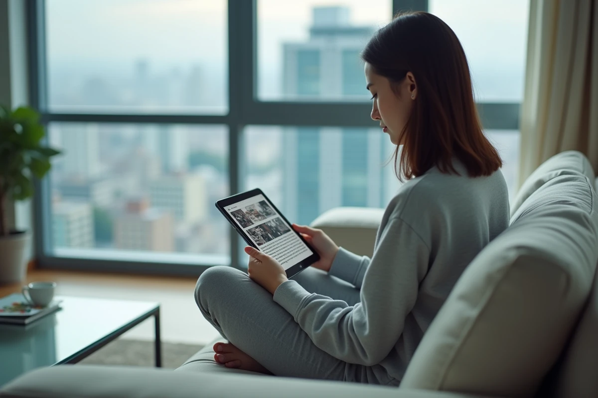 Jeune femme lisant un manga numérique sur tablette via une application légale dans un appartement moderne