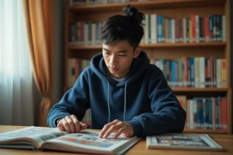 Jeune homme lisant un manga One Piece assis à son bureau entouré de volumes manga