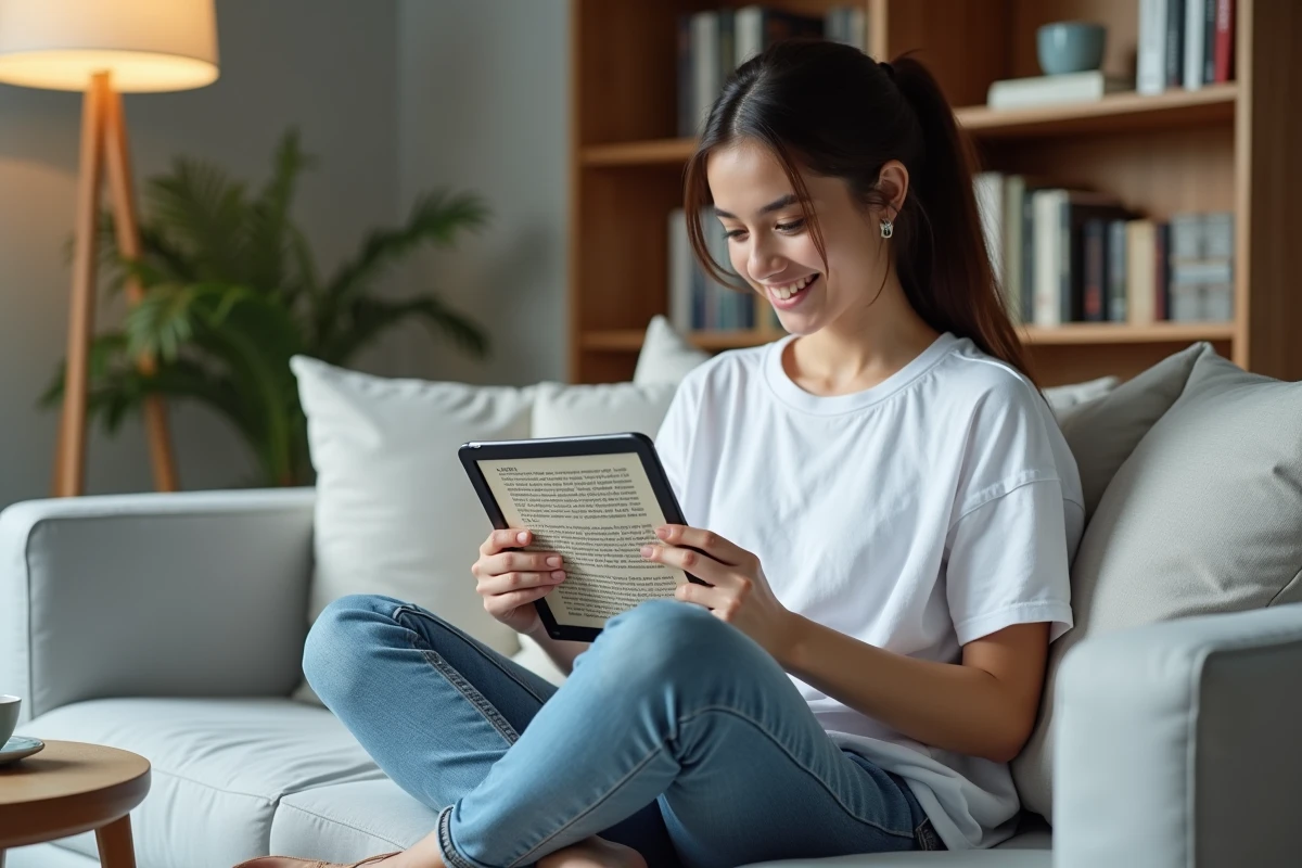 Jeune femme lisant des scans manga One Piece en français sur une tablette dans son salon