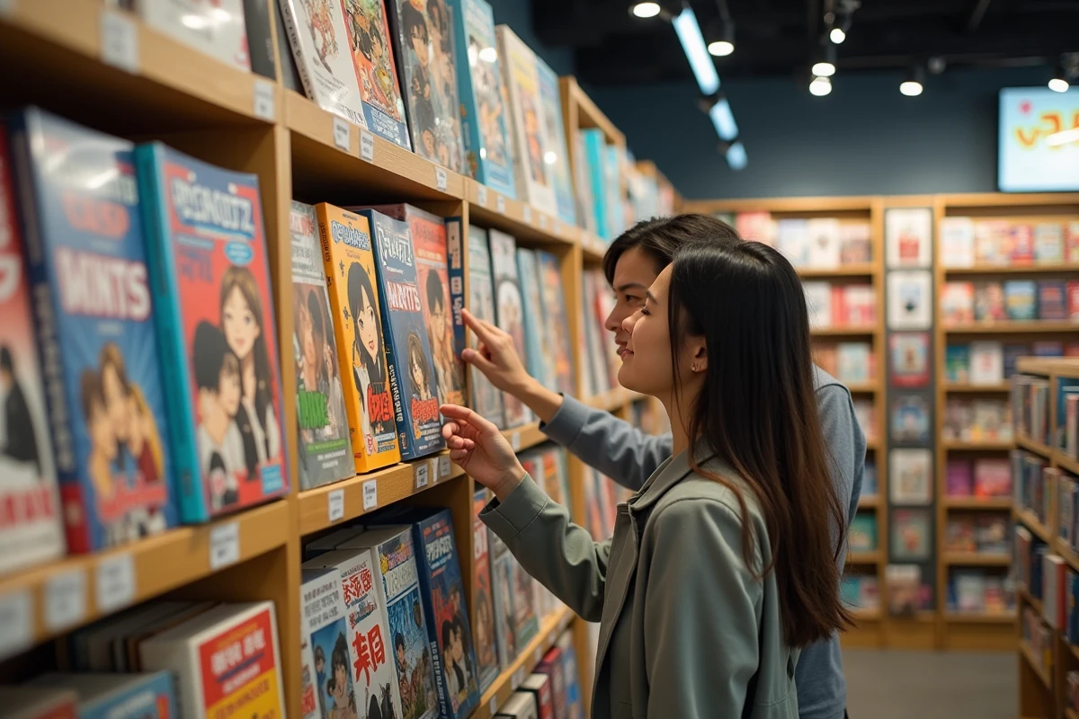 Deux amis discutant de mangas légaux dans une librairie spécialisée devant un rayon bien garni